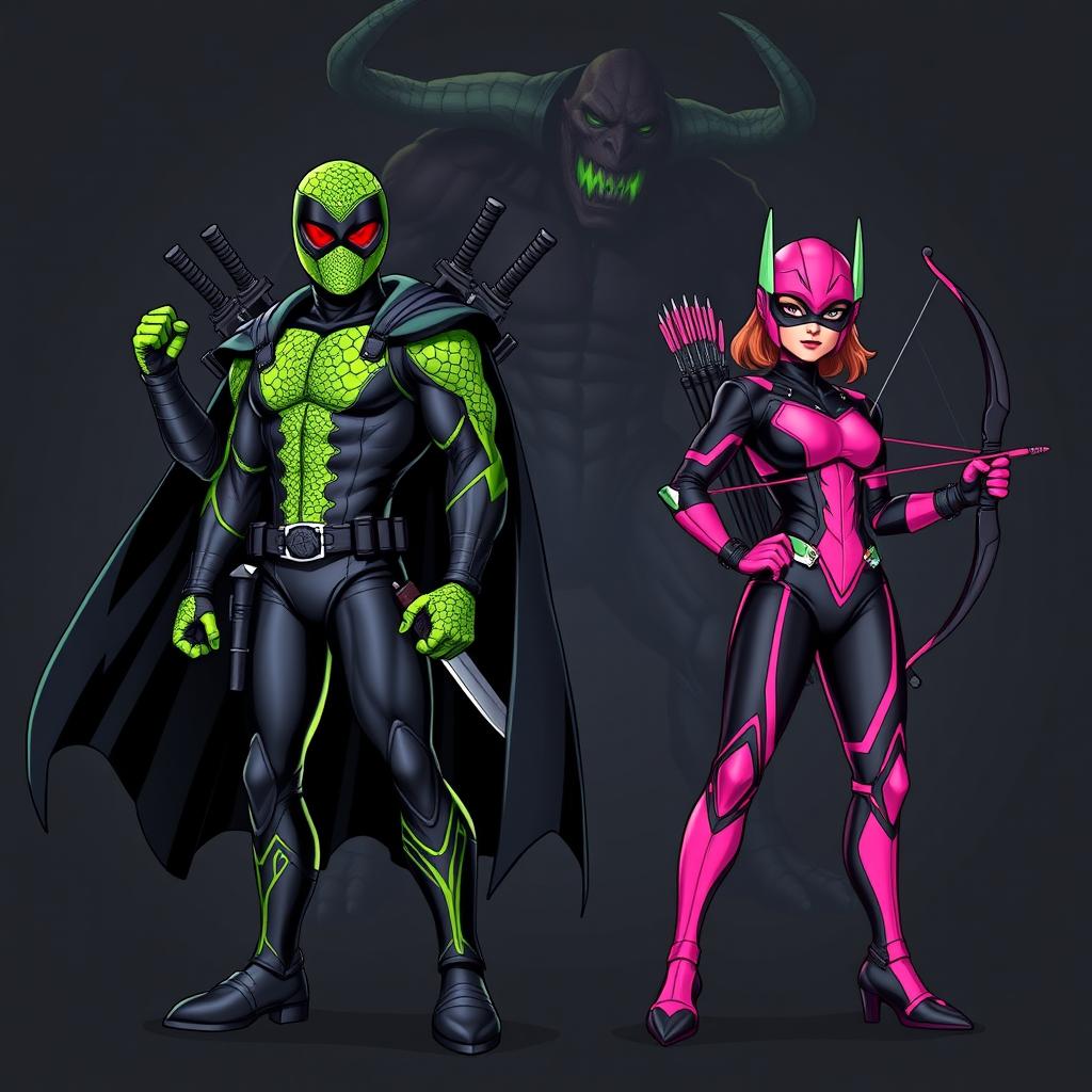 A vibrant illustration of two action figures as superheroes standing heroically