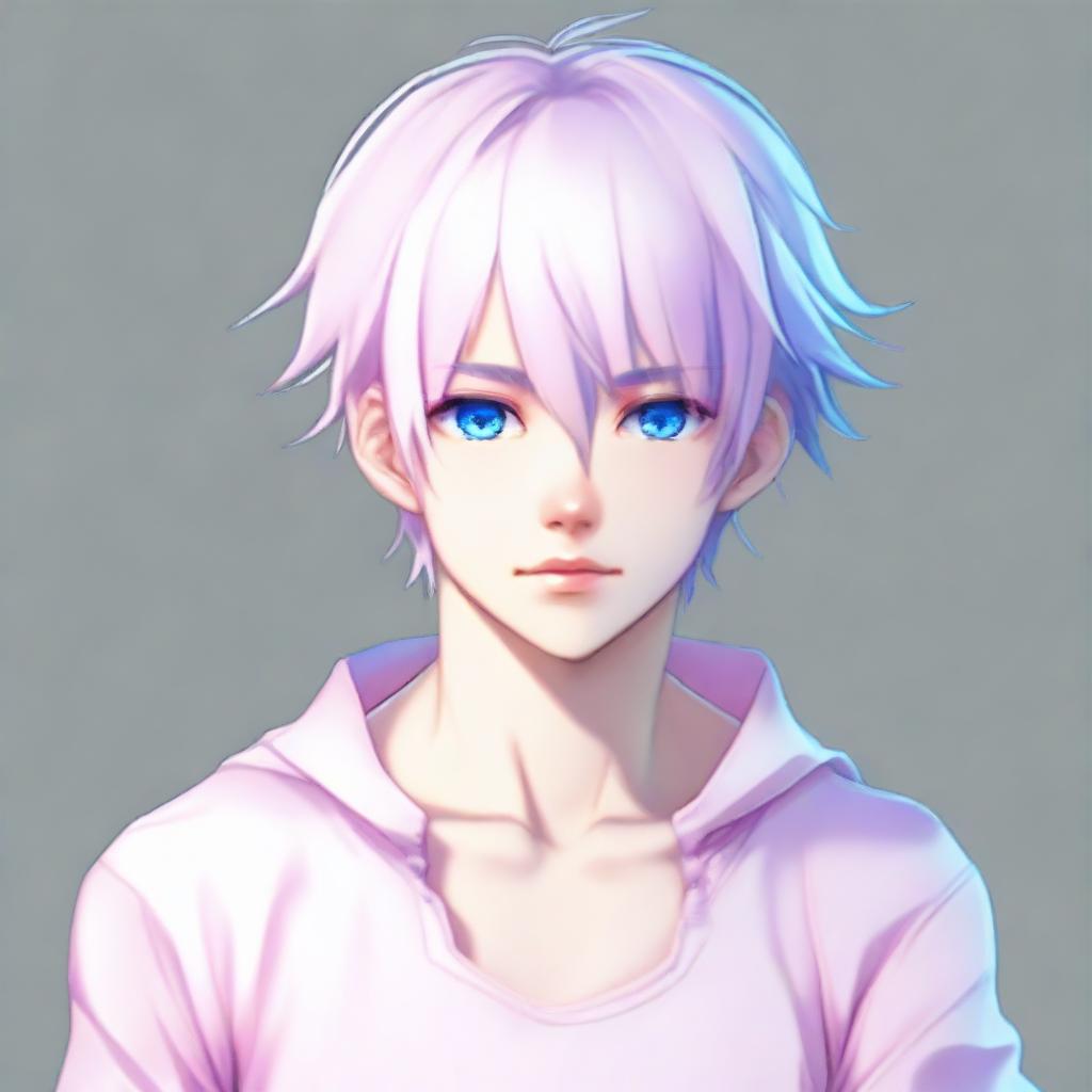 Render a full body anime drawing of a twink boy with a feminine body. He has white hair, eyebrows, lashes, and slender skin. His harmonious face showcases hunter sharp blue eyes with pink hues at the corners. No visible muscles. He looks neutrally in another direction.