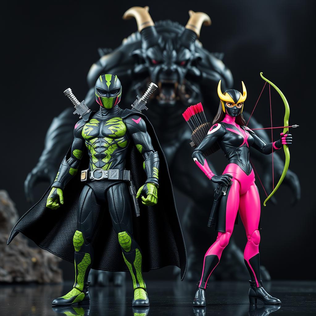 A dramatic scene featuring two action figures designed as superheroes