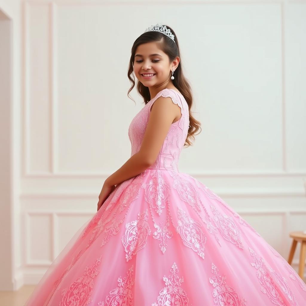 A teen girl wearing a beautiful pink quinceañera dress, adorned with intricate lace and sparkling sequins, standing gracefully in a simple, elegant room background