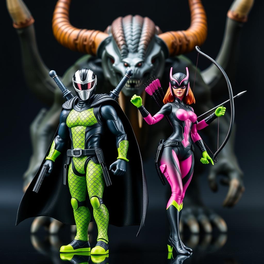 Two action figures as superheroes: A male figure in a black and neon green suit with a serpentine scale pattern, wearing a helmet, with two swords on his back and two pistols on his hips