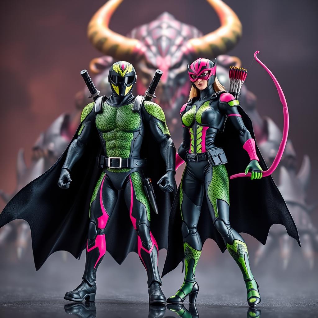 A dynamic scene featuring two superhero action figures: a male figure clad in a black and neon green suit with a snake scale pattern, wearing a helmet, with two swords strapped to his back and two pistols holstered at his hips, complemented by a flowing black cape