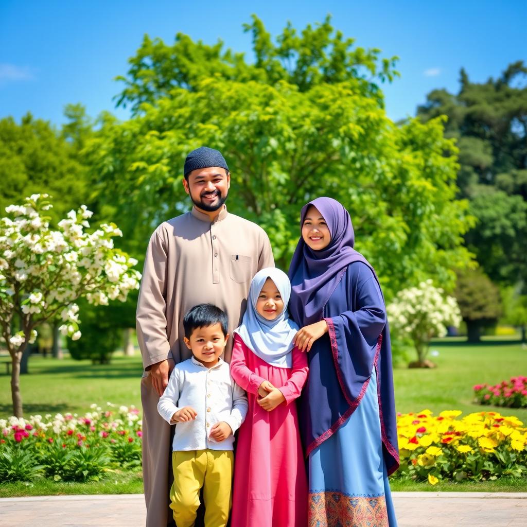 A heartwarming family portrait featuring a Muslim family standing together in a beautiful park setting