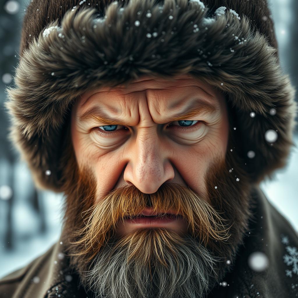 An angry bearded Russian man wearing a traditional fur ushanka hat, with deep-set eyes and a furrowed brow