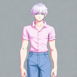 Render a full body anime drawing of a twink boy with a feminine body. He has white hair, eyebrows, lashes, and slender skin. His harmonious face showcases hunter sharp blue eyes with pink hues at the corners. No visible muscles. He looks neutrally in another direction.