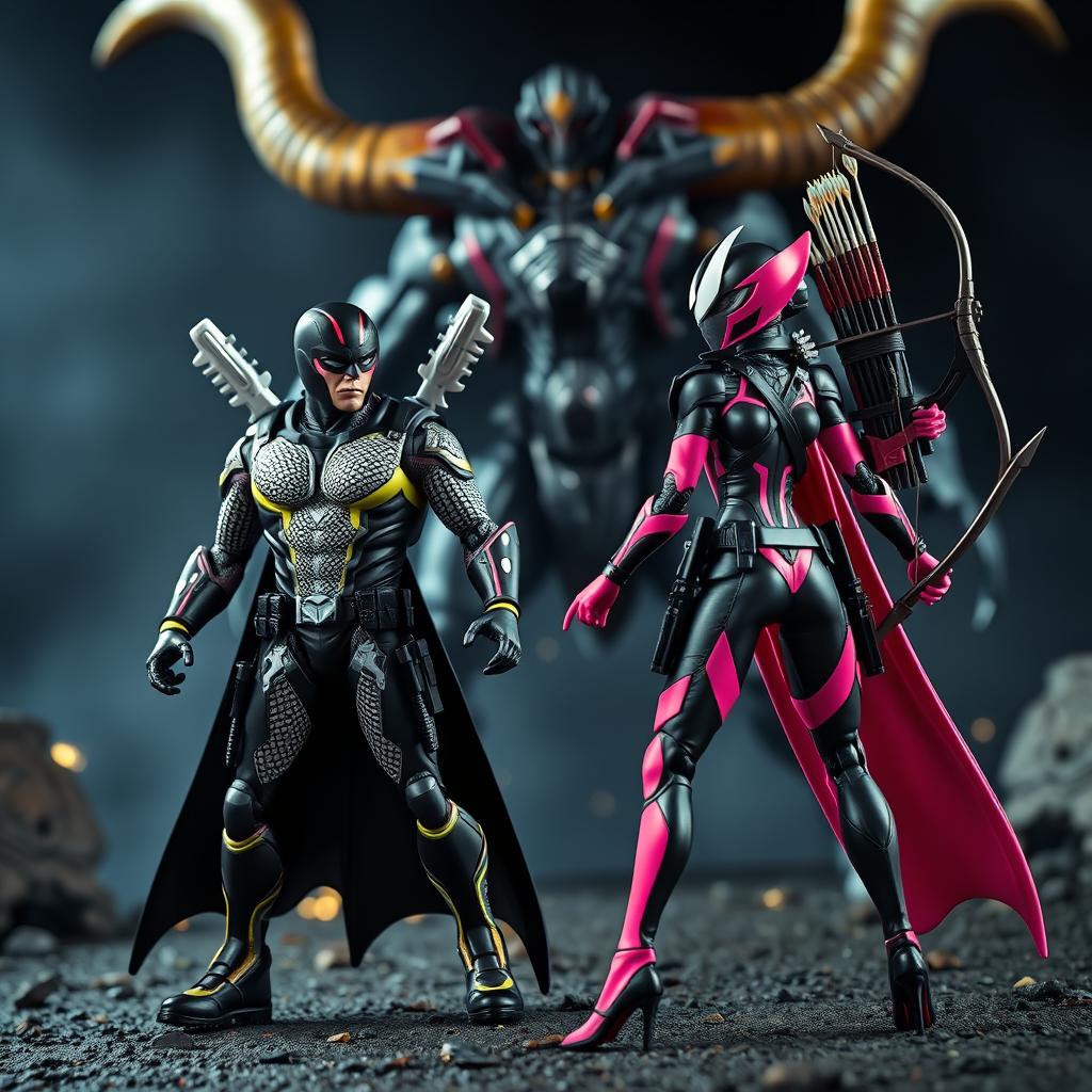 An action-packed scene featuring two superhero action figures