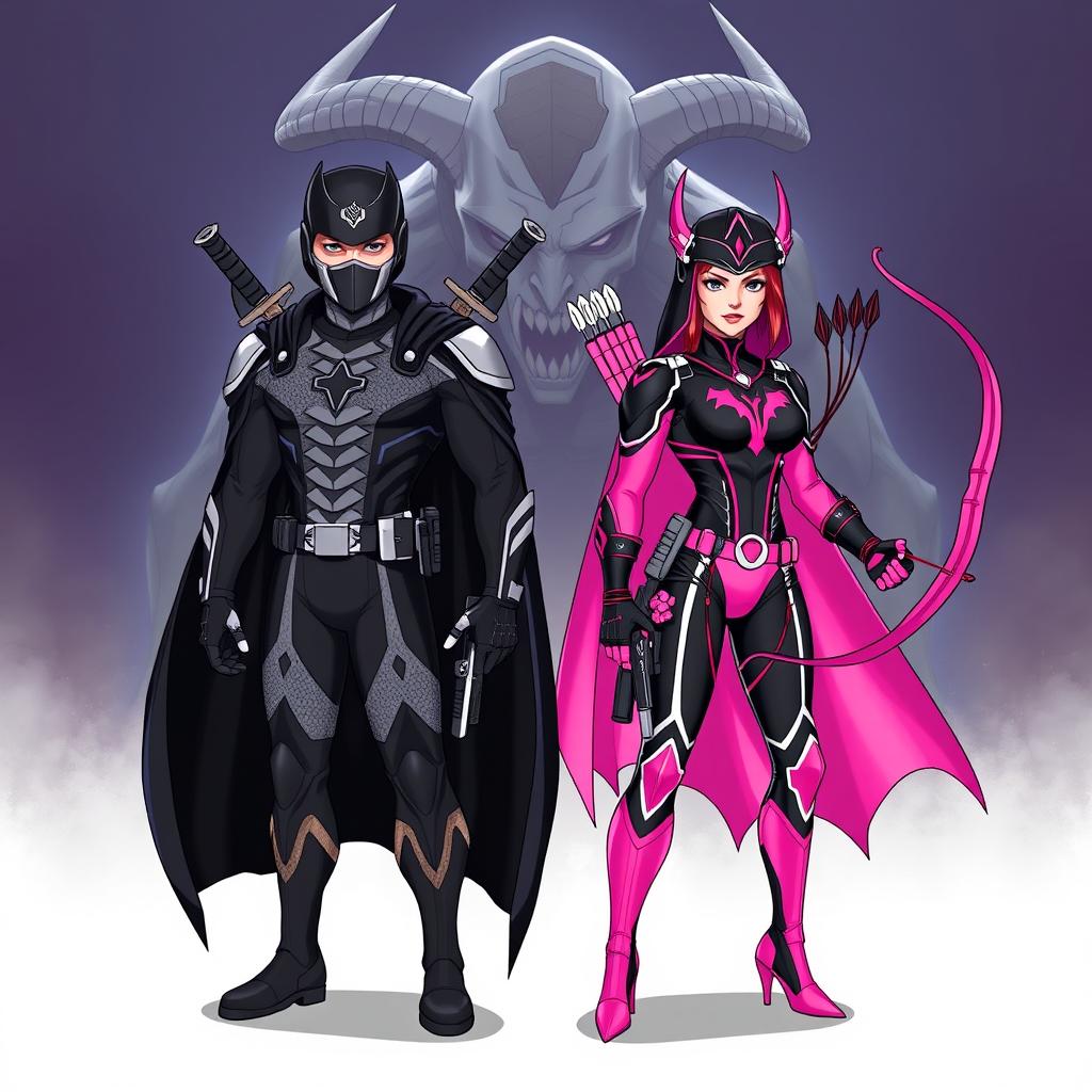 An illustration of two action figures as superheroes: a male figure wearing a black and neon gray suit with a snake scale pattern, adorned with a helmet