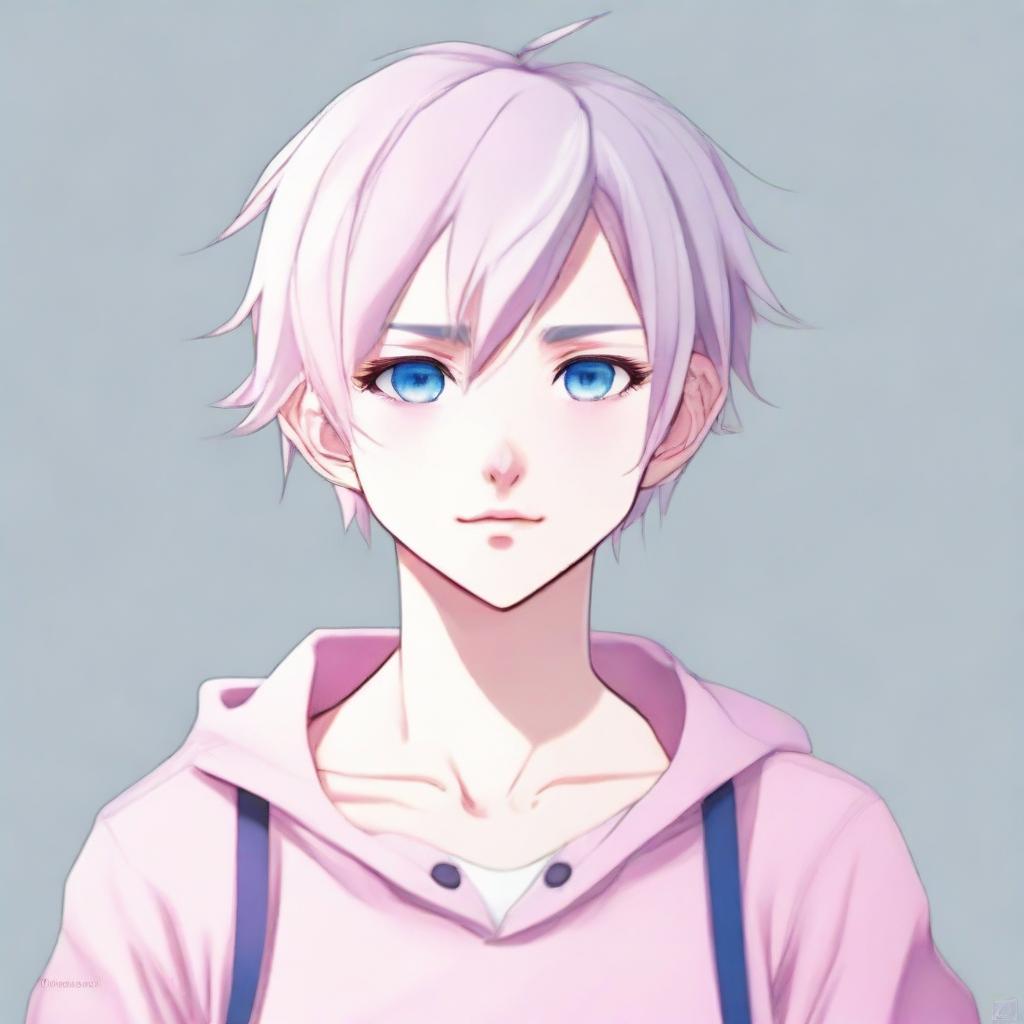 Render a full body anime drawing of a twink boy with a feminine body. He has white hair, eyebrows, lashes, and slender skin. His harmonious face showcases hunter sharp blue eyes with pink hues at the corners. No visible muscles. He looks neutrally in another direction.