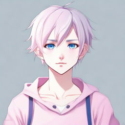 Render a full body anime drawing of a twink boy with a feminine body. He has white hair, eyebrows, lashes, and slender skin. His harmonious face showcases hunter sharp blue eyes with pink hues at the corners. No visible muscles. He looks neutrally in another direction.