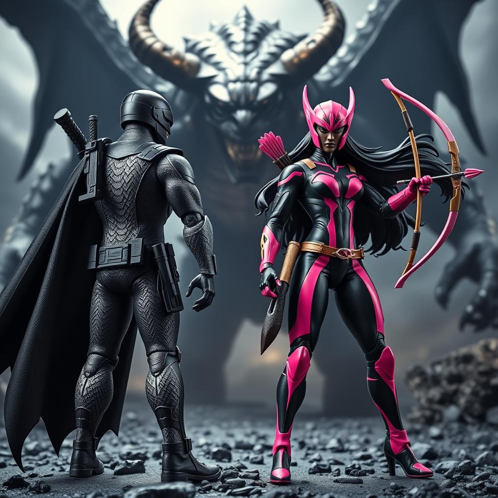An epic scene depicting two action figures as superheroes