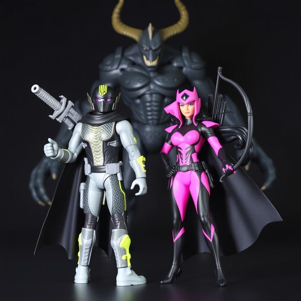 Two action figures as superheroes: a man wearing a black and neon gray suit with a snake scale pattern, a helmet, two swords on his back, and two pistols at each hip, complemented by a long black cape; a woman in a black and neon pink suit with a helmet, long black hair, a flowing cape, holding a bow in her hands, with a quiver on her back and two daggers at her hips