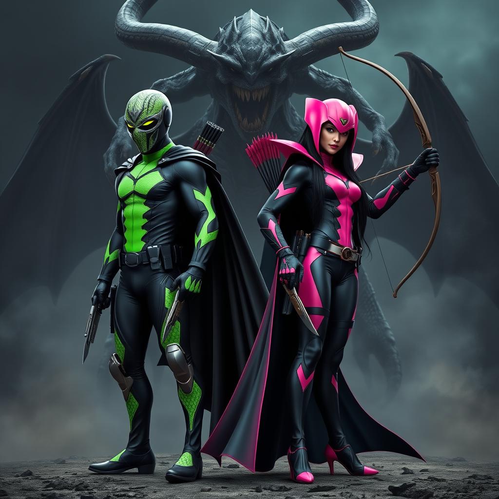 An epic scene featuring two superheroes standing together against a dark, ominous backdrop