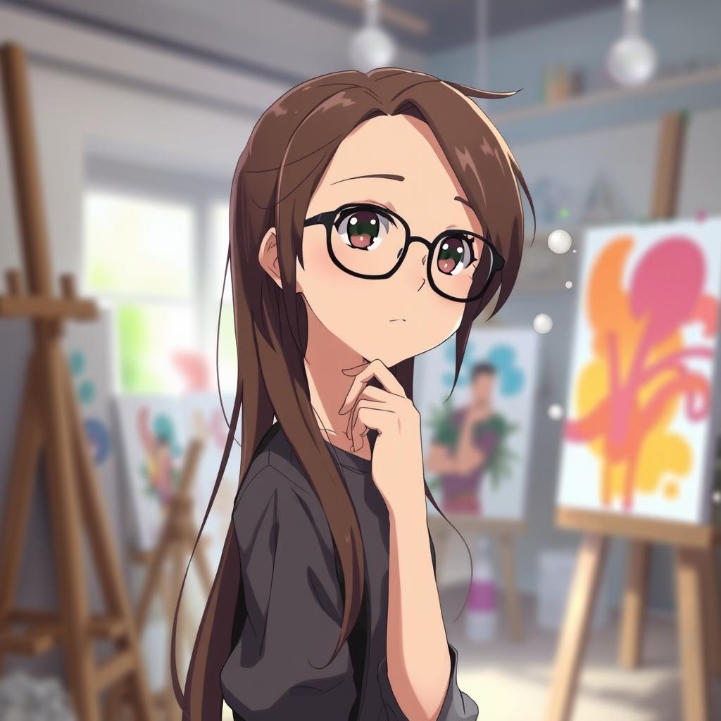 A thoughtful anime character wearing glasses, lost in thought while contemplating art
