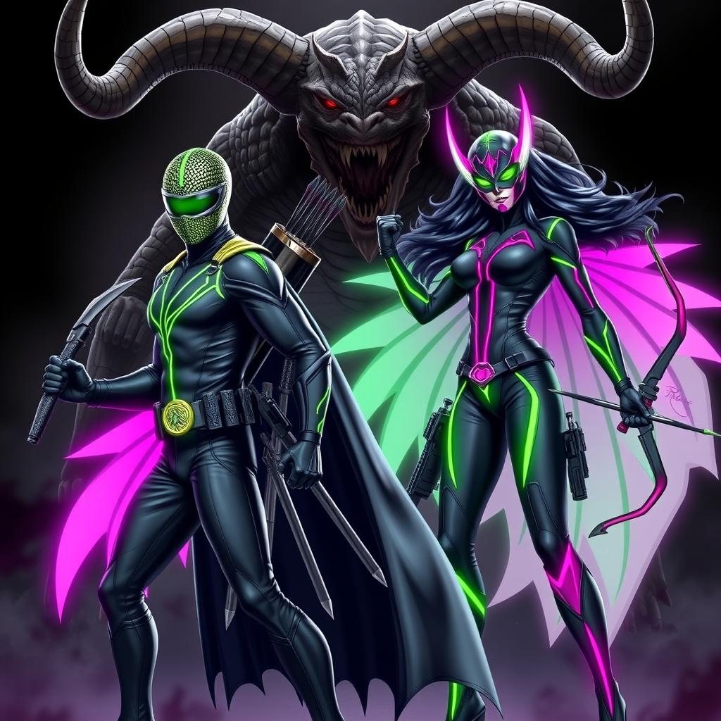 A dynamic scene featuring two superheroes: a male hero wearing a sleek black suit with neon green accents, complete with a helmet in a snake scale pattern