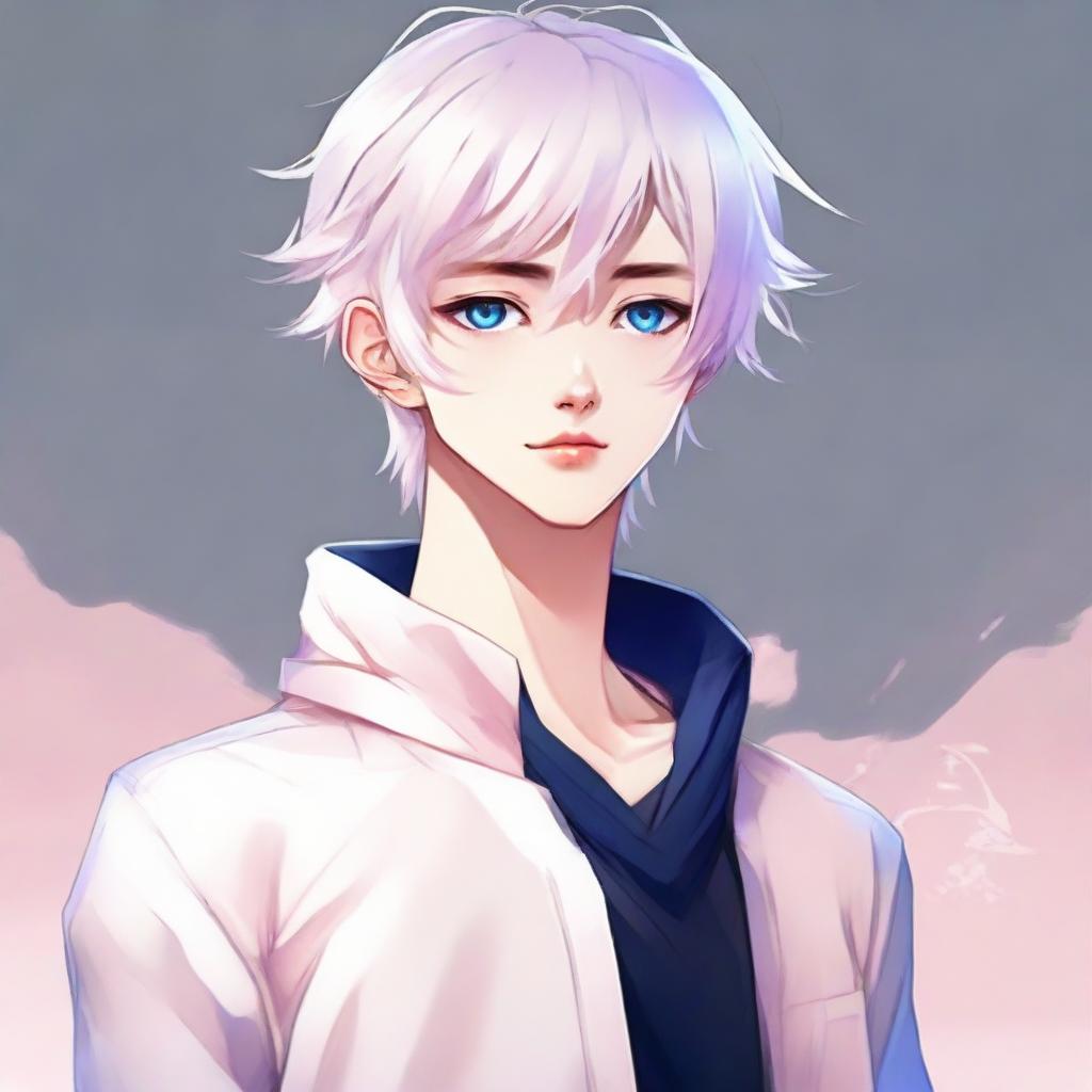 Create an anime illustration of a twink boy with a feminine body, white hair, eyebrows, lashes, and slender skin. He has a harmonious face with sharp Korean-style blue eyes that have a hint of pink at the corners. He doesn't have muscular bulk and he's neutrally looking in another direction.