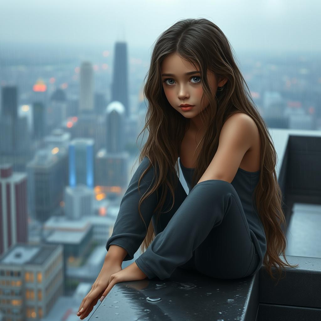 A 16-year-old girl with long, wavy hair cascading down to her chest, sitting at the edge of a rooftop that overlooks a vibrant city skyline, surrounded by rain droplets