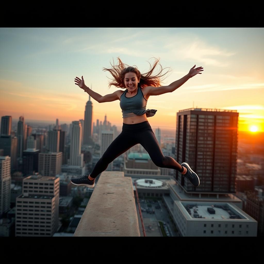 A young woman leaps gracefully from the edge of a rooftop, her hair flowing in the wind