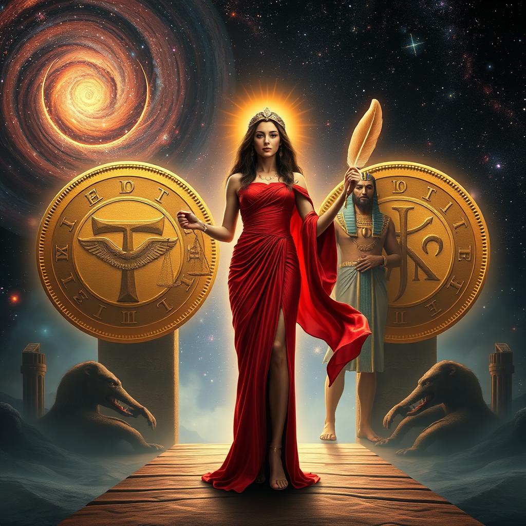 A powerful and regal figure known as the Red Woman, wearing flowing red robes that shimmer with energy and light, standing confidently