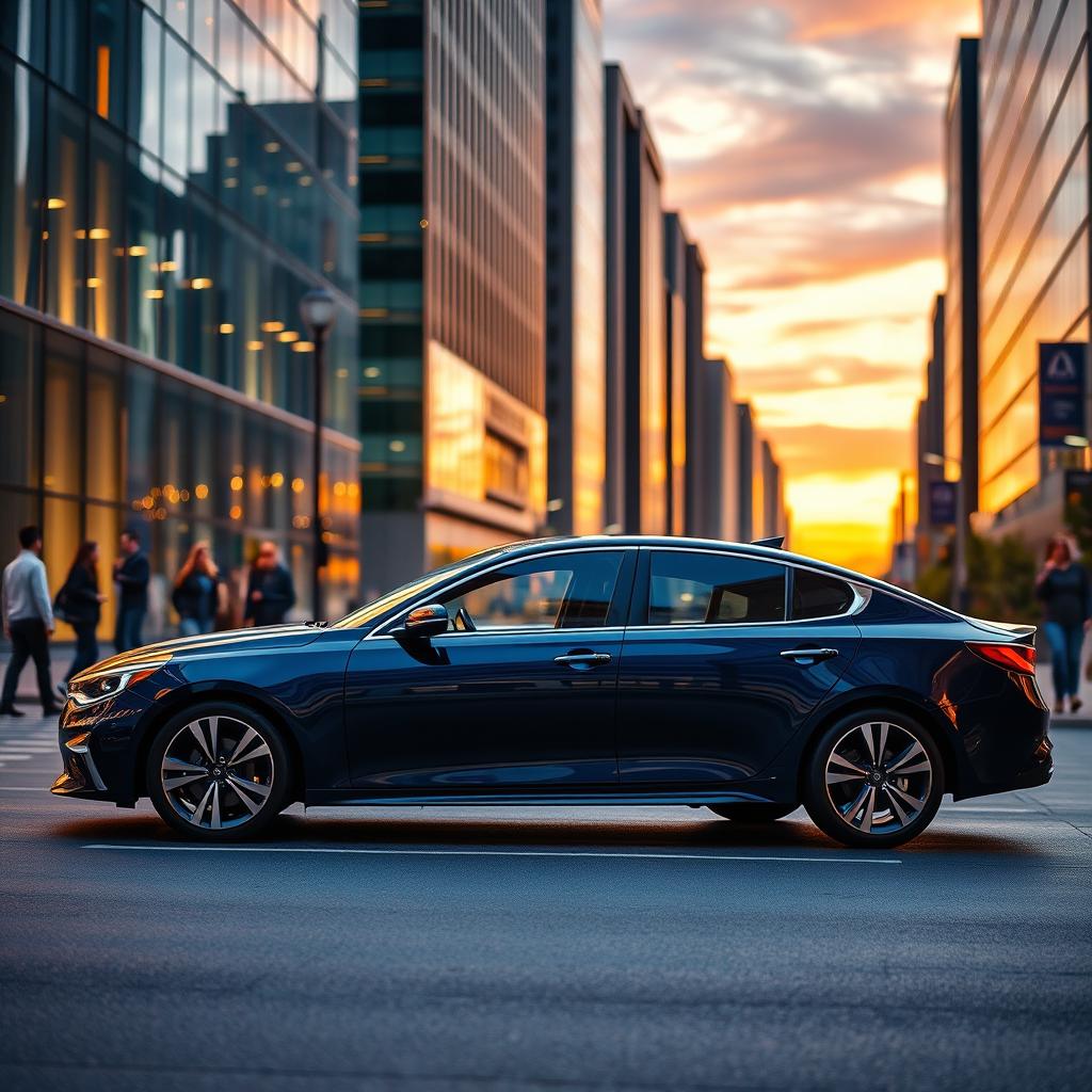 A sleek and modern KIA Optima parked on a city street during sunset