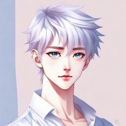 Create an anime illustration of a twink boy with a feminine body, white hair, eyebrows, lashes, and slender skin. He has a harmonious face with sharp Korean-style blue eyes that have a hint of pink at the corners. He doesn't have muscular bulk and he's neutrally looking in another direction.