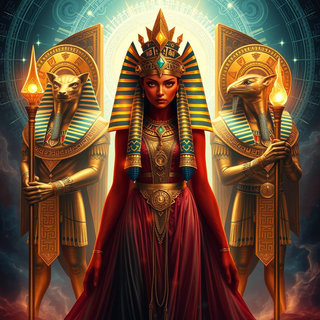 A mystical Egyptian goddess known as the 'Red Woman,' standing in a cosmic, ethereal realm