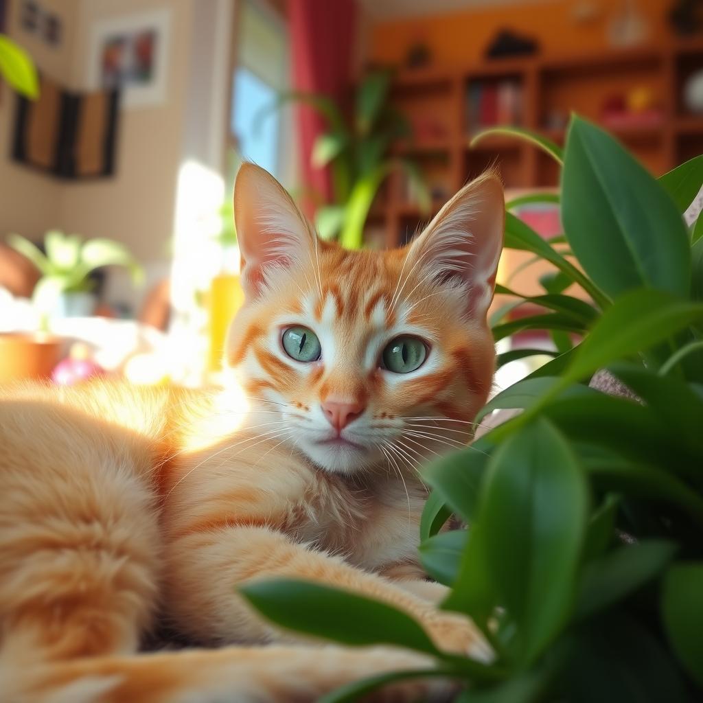 A charming orange cat lounging comfortably in a sunlit room, surrounded by lush green plants