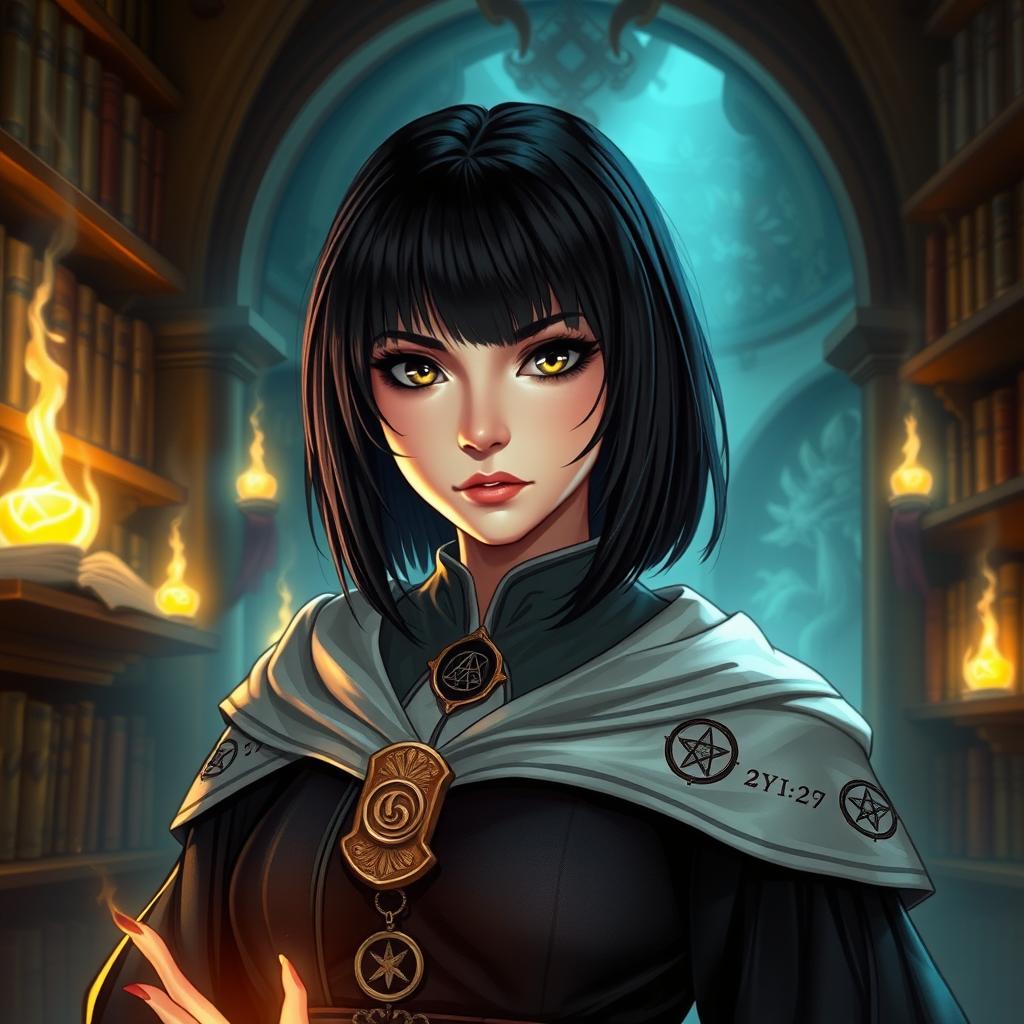 A female mage character from a fantasy Dungeons and Dragons setting, with shoulder-length straight black hair and striking gray eyes
