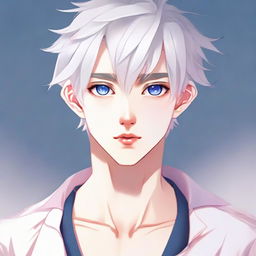 Create an anime illustration of a twink boy with a feminine body, white hair, eyebrows, lashes, and slender skin. He has a harmonious face with sharp Korean-style blue eyes that have a hint of pink at the corners. He doesn't have muscular bulk and he's neutrally looking in another direction.