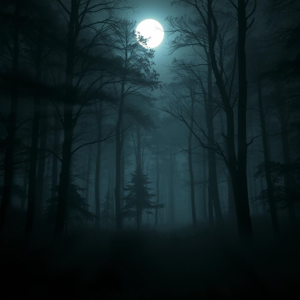 A mysterious and shadowy forest at night, where the atmosphere is both unsettling and surreal