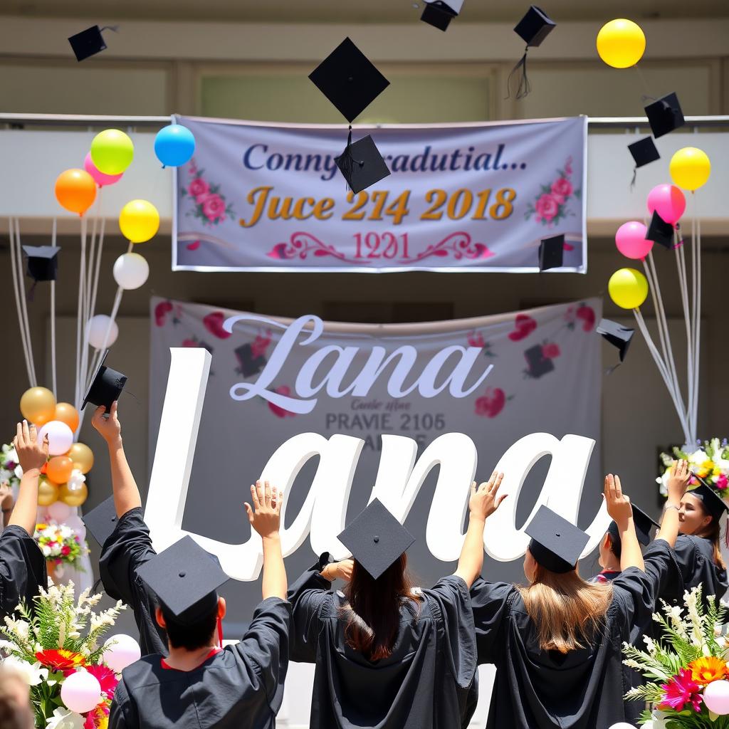 A celebratory graduation scene featuring the name 'Lana' prominently displayed in elegant calligraphy