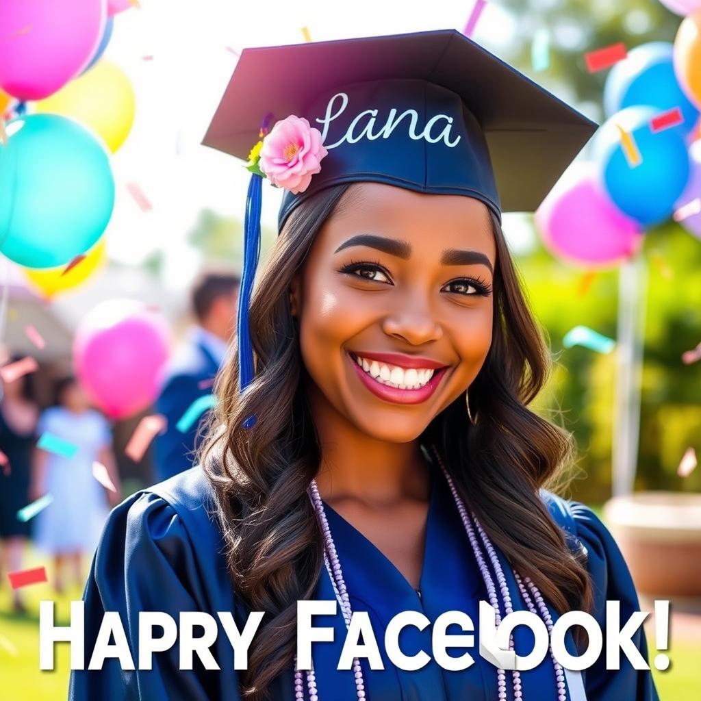 A graduation image featuring a joyful young woman wearing a graduation cap and gown