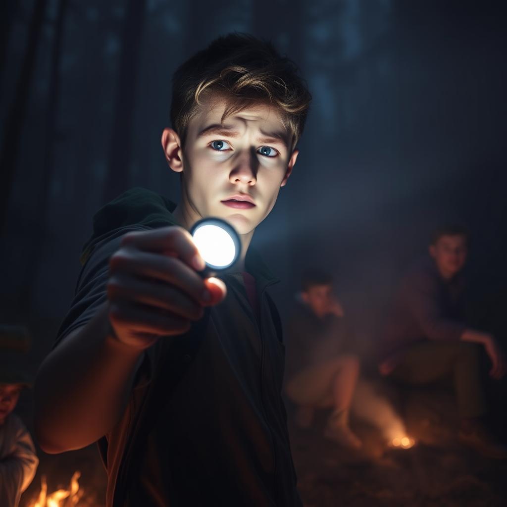 A close-up image of a camper holding a flashlight, his expression filled with concern as he steps away from the warmth of the campfire