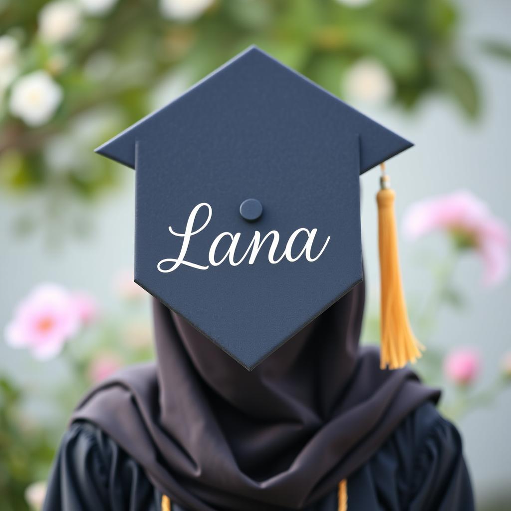 An image of a hijab-wearing girl in a graduation gown, her face obscured to focus on the graduation cap