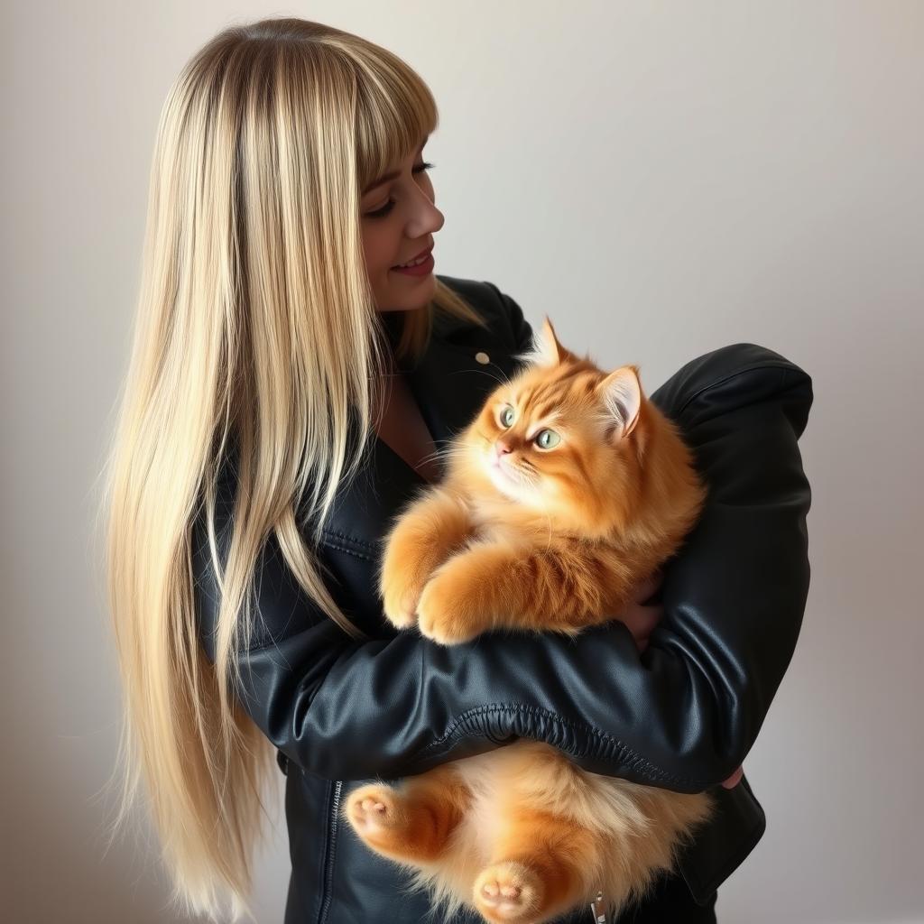 A tall woman with straight blonde hair that reaches her chest and bangs, approximately 1