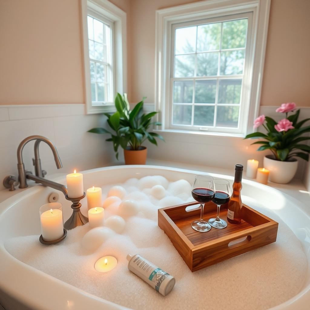 A bathroom scene featuring a luxurious bathtub filled with bubbles, surrounded by elegantly arranged candles and a wooden bath tray with a glass of wine, creating a relaxing atmosphere