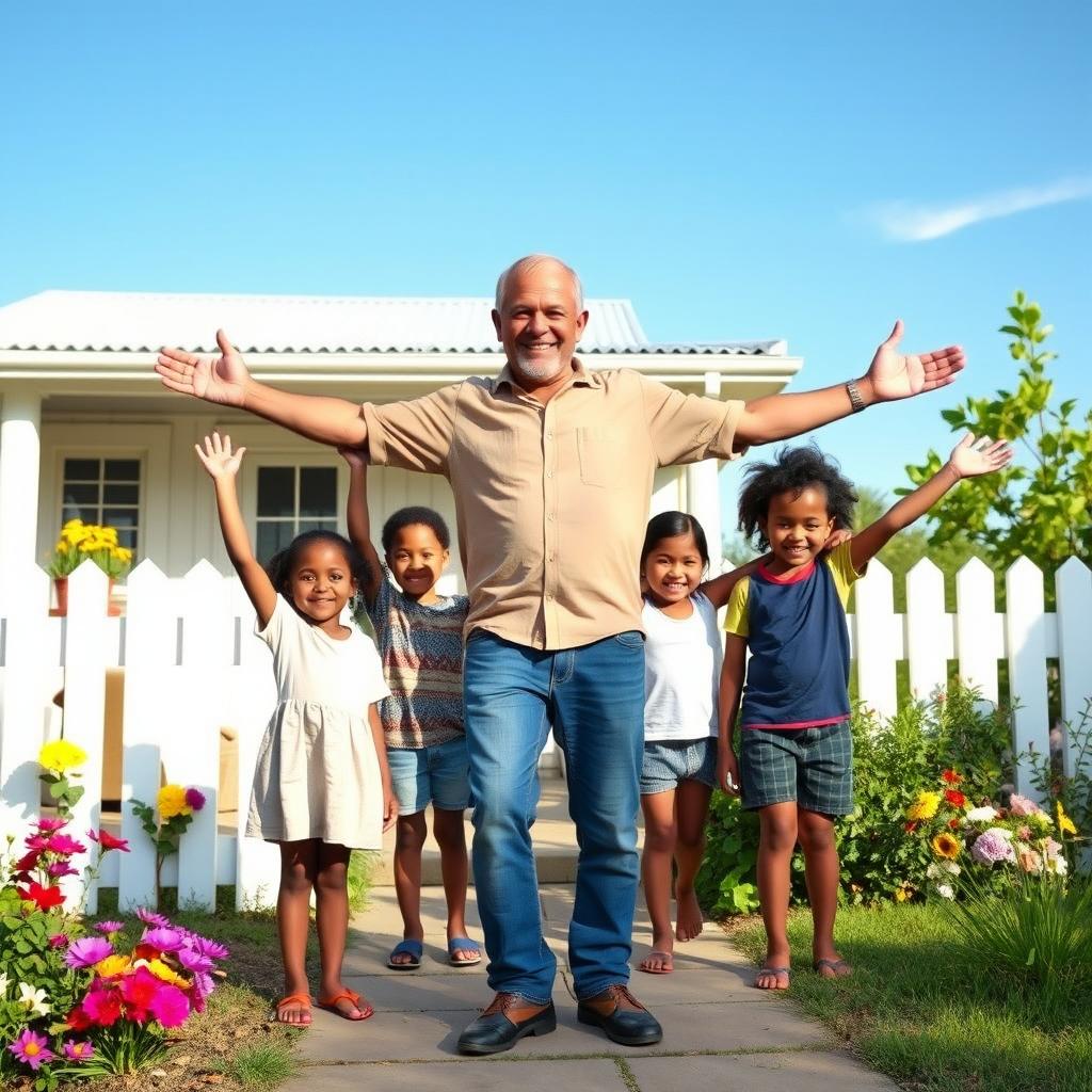 A warm and inviting scene of a compassionate man standing at the entrance of his new home, welcoming a group of cheerful orphans