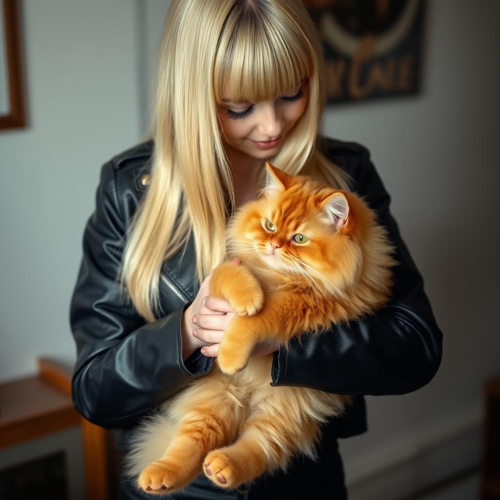 A tall woman with straight blonde hair that reaches her chest and bangs, approximately 1