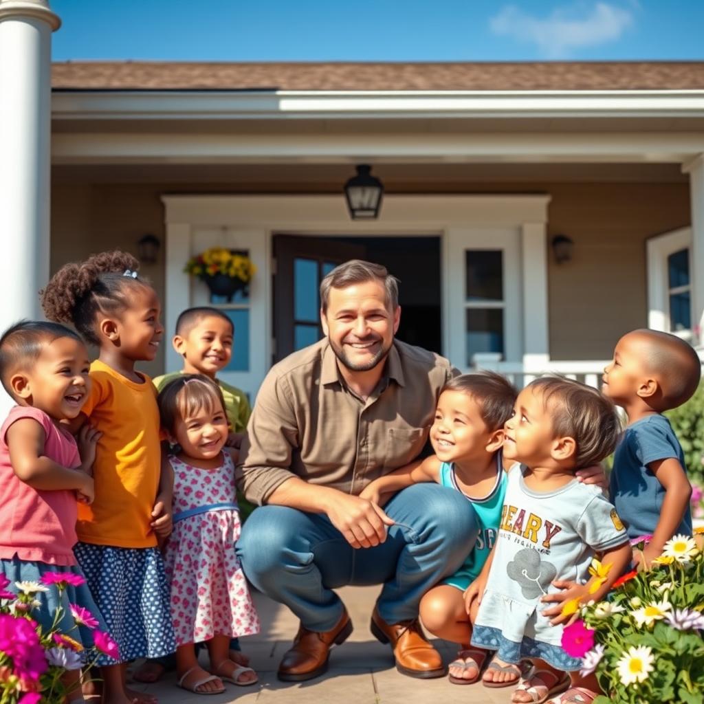 A heartwarming image of a compassionate man at the entrance of his new home, enveloped by a group of cheerful orphans who are joyfully interacting with him
