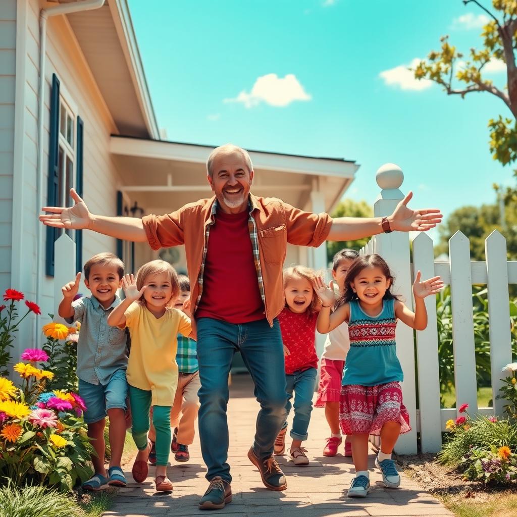 A heartwarming scene featuring the same compassionate man from the previous description, now at the entrance of his new home, joyfully welcoming a group of cheerful orphans