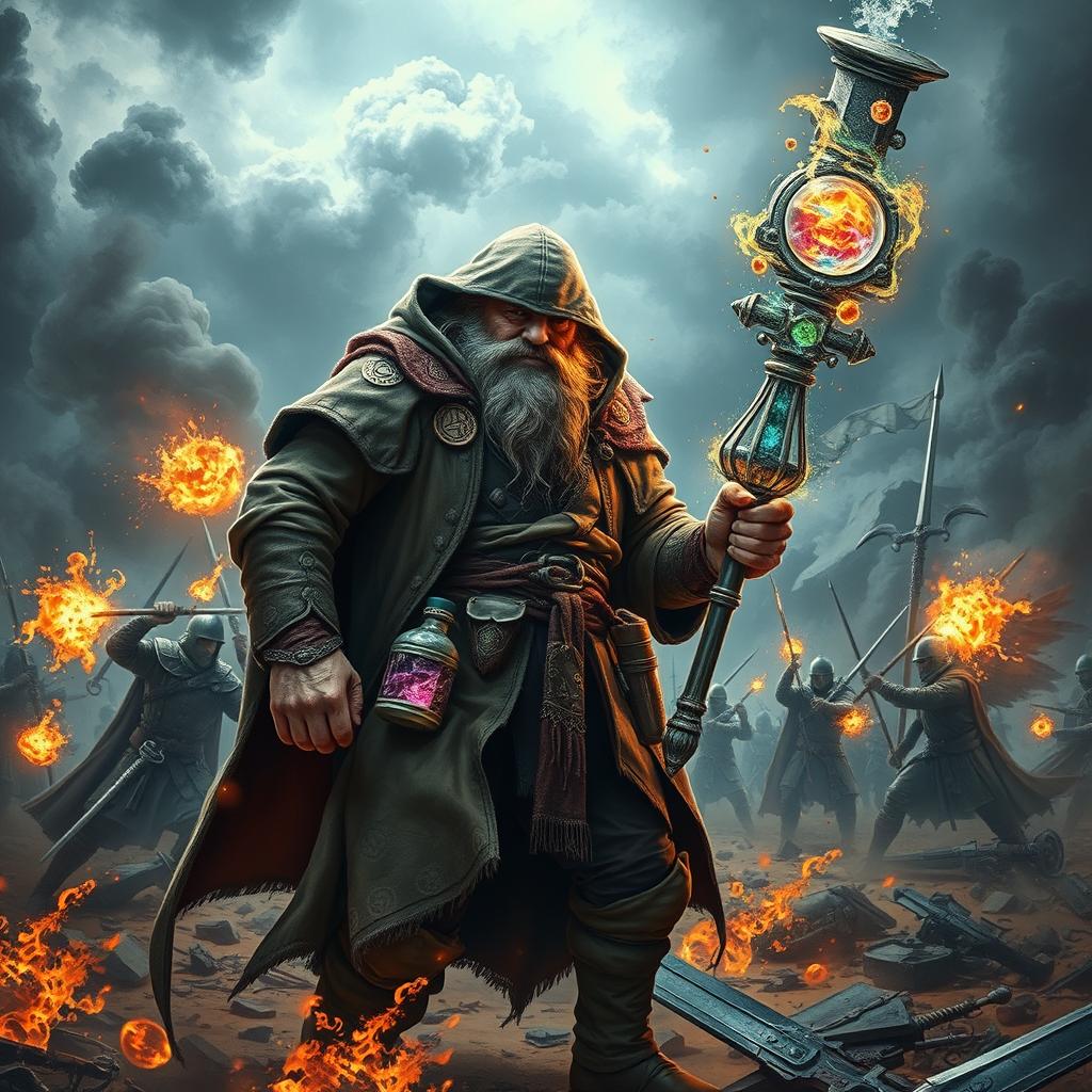An intense scene depicting a battle-hardened alchemist amidst a fierce war