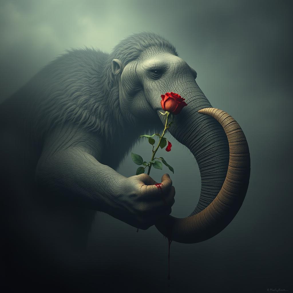 A surreal, artistic interpretation of a large, mythical mastodon holding a blooming rose in its enormous hand