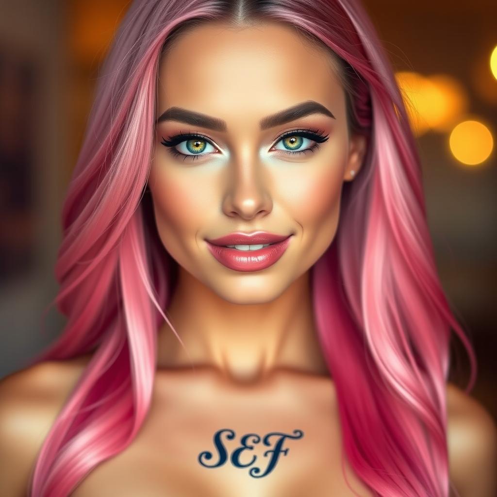 A stunning portrait of an attractive woman with long, flowing pink hair