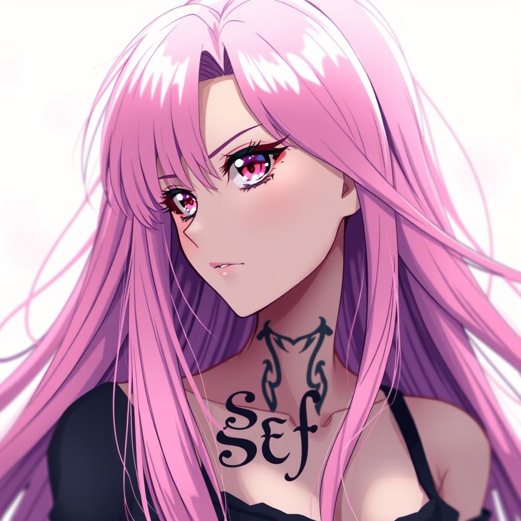 A vibrant and captivating profile picture of an attractive anime woman, featuring long, flowing pink hair that cascades down her shoulders