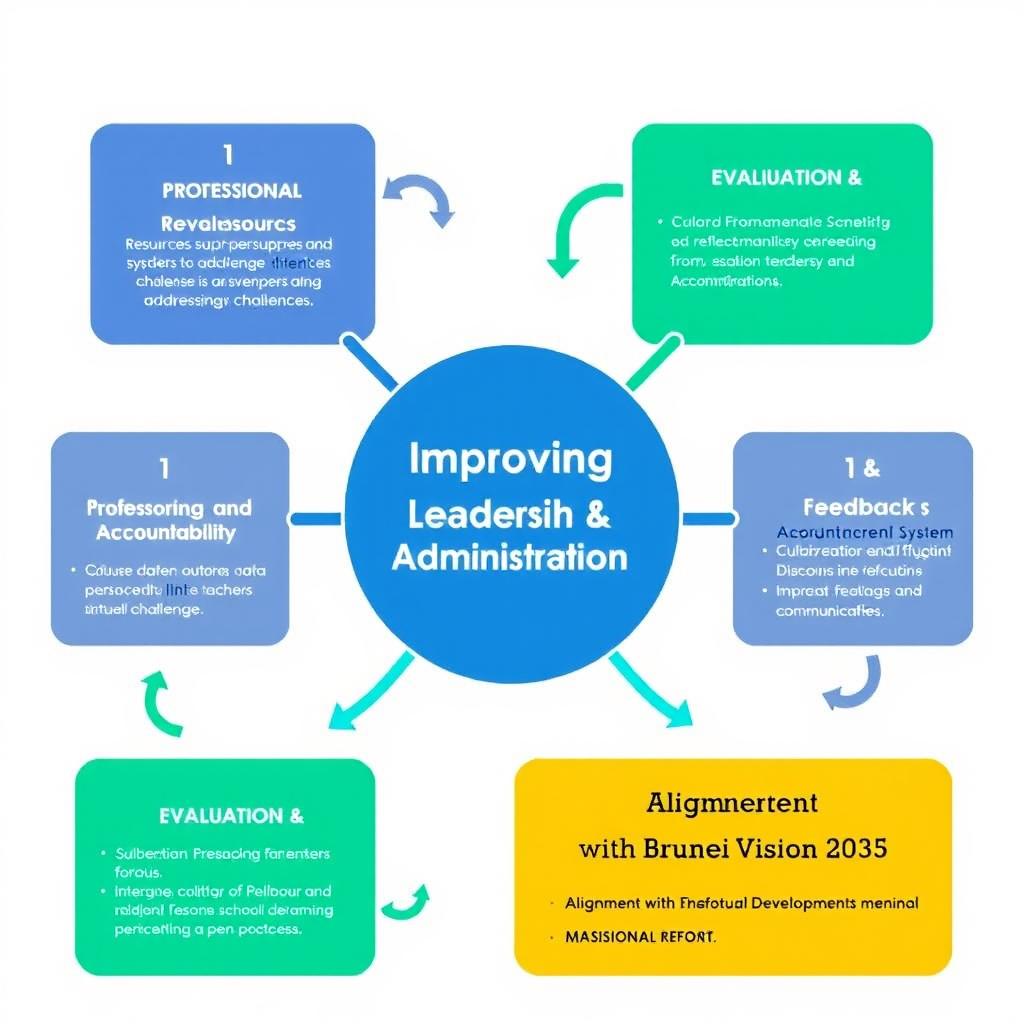 A visually engaging strategic map centered on the theme of "Improving School Leadership & Administration
