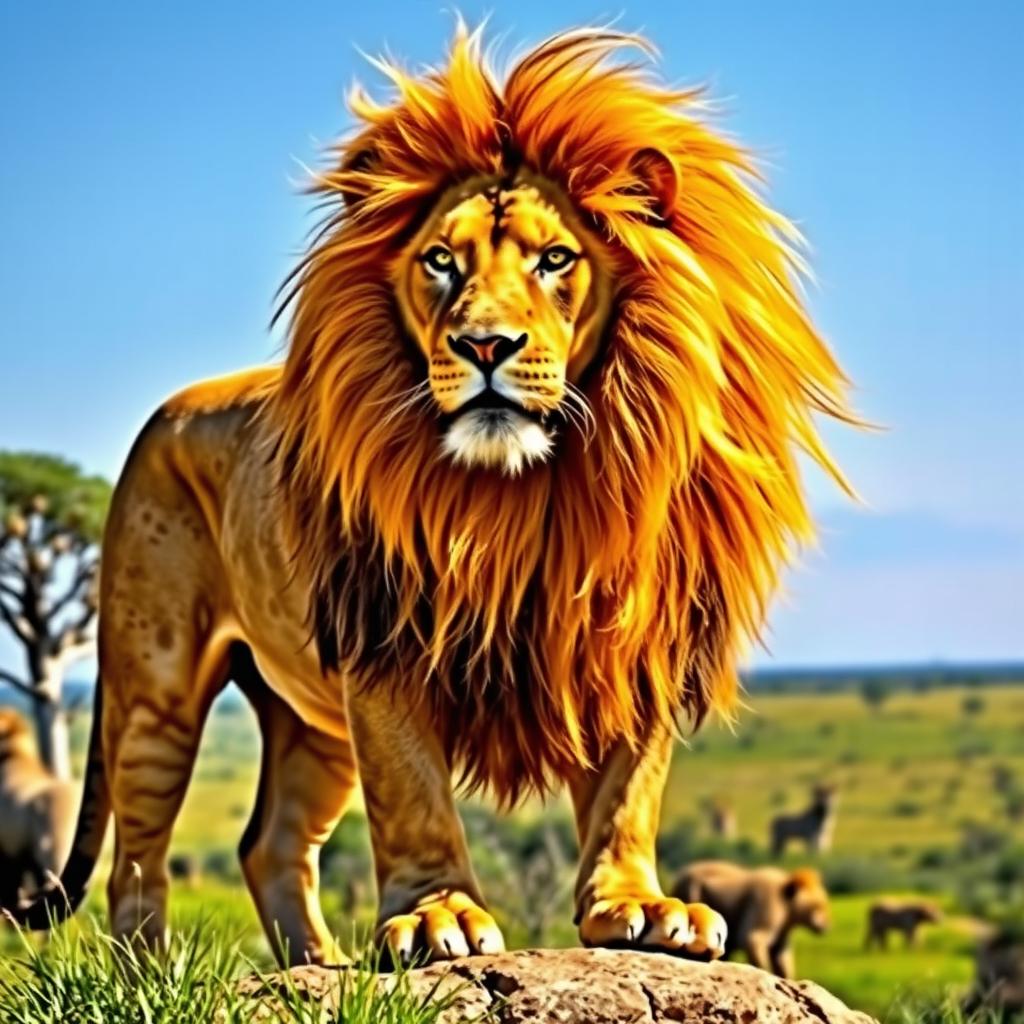 A majestic lion with a magnificent mane adorned with golden hues, glowing in the sunlight
