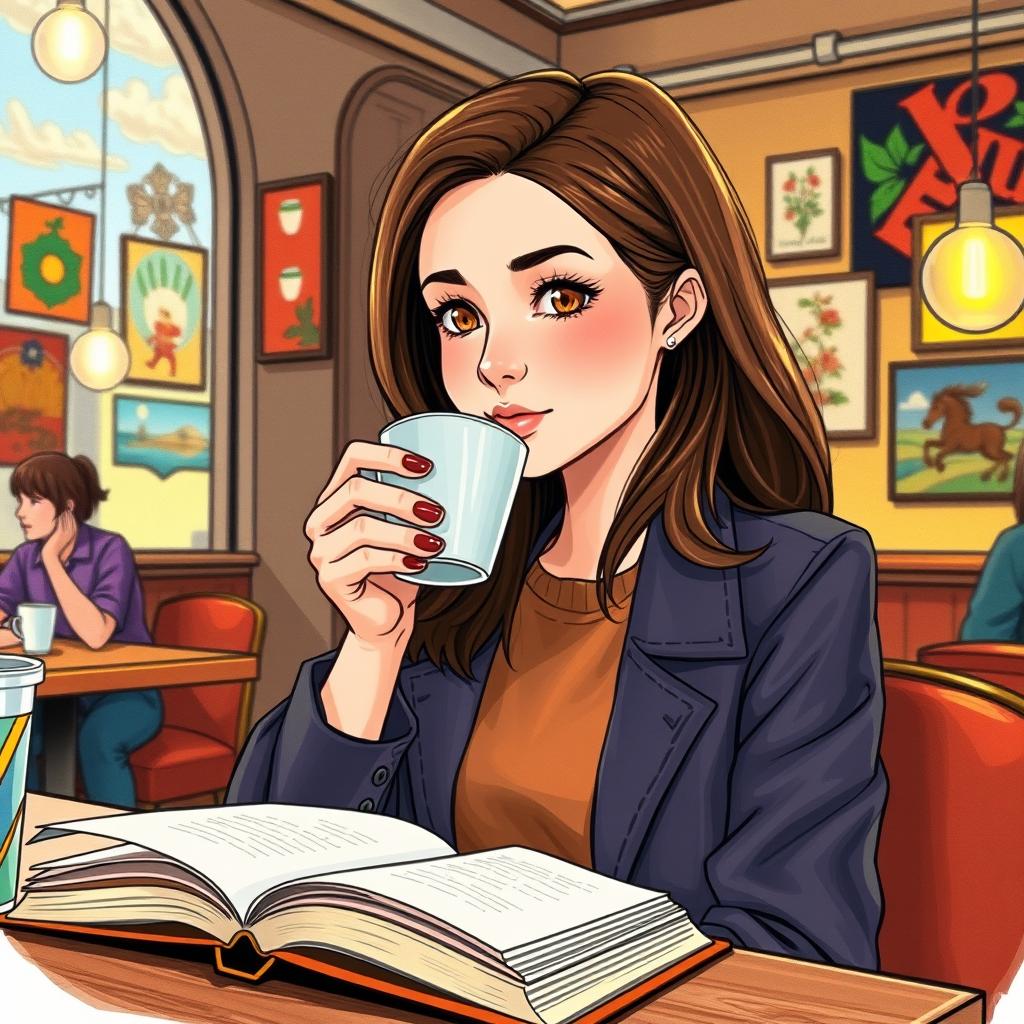 A beautiful young brunette student enjoying a cup of coffee, depicted in a colorful drawing style