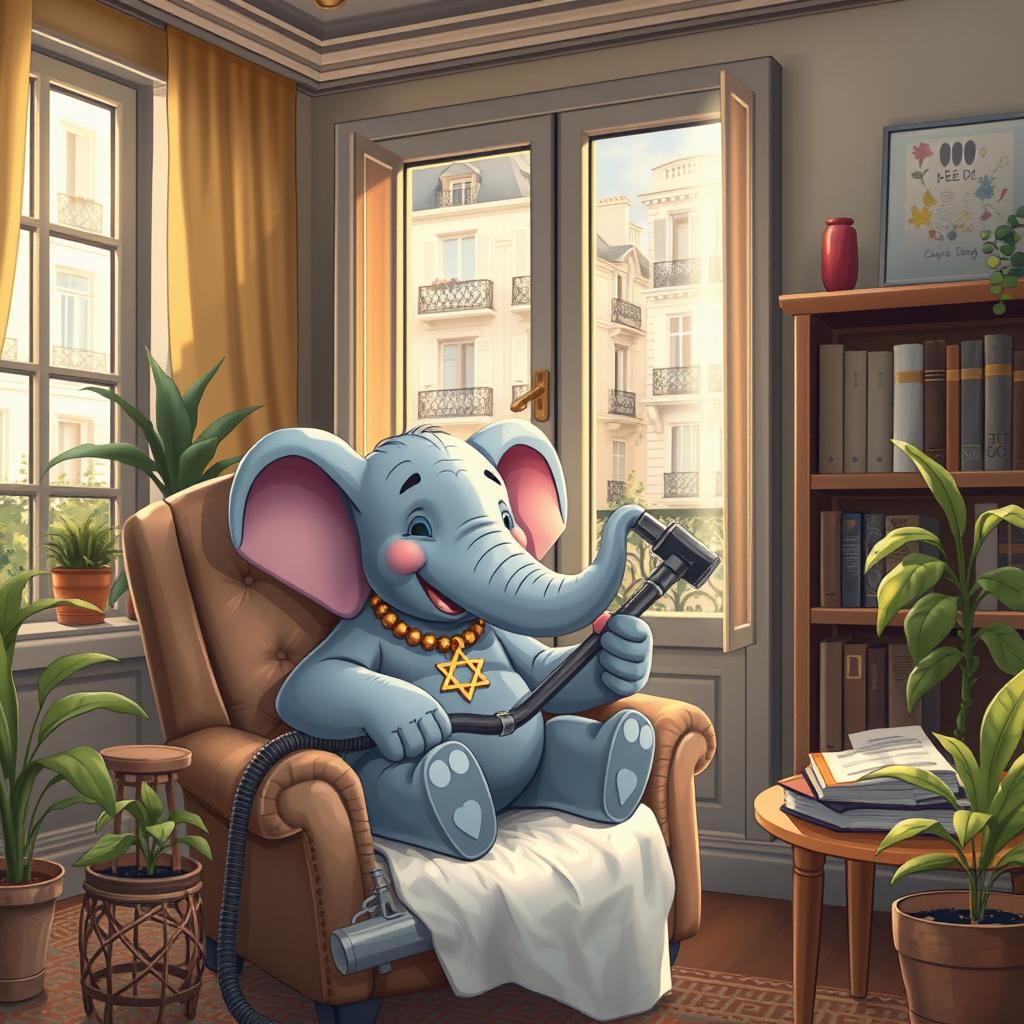 A charming scene featuring a Jewish elephant sitting comfortably in an armchair, enjoying a dust-cleaning activity with a vacuum cleaner
