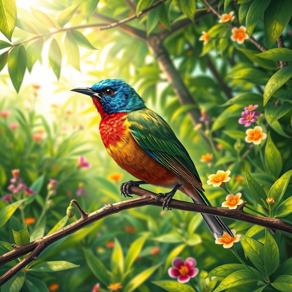 An artistic depiction of a Passerina ciris, also known as the nonpareil or painted bunting