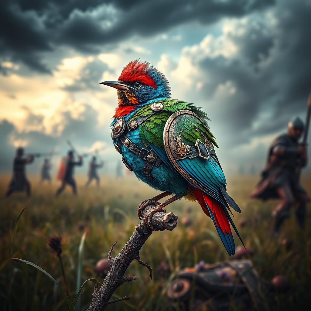 A vibrant and dramatic scene featuring a passerina ciris, also known as the painted bunting, dressed in elaborate, warrior-like gear amidst a war setting