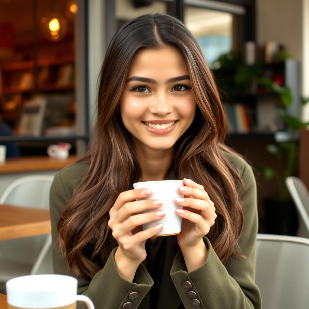 A beautiful young brunette student enjoying a cup of coffee